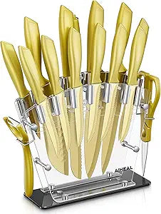 Aiheal Knife Set, 16 Pieces High Carbon Stainless Steel Golden Color Kitchen Knife Set, Titanium Coating Blade, No Rust and Super Sharp Cutlery with Acrylic Stand and Kitchen Scissors, Gift