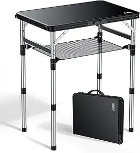 Anbte 2ft Small Plastic Folding Camping Table, Waterproof 3 Adjustable Height Portable Camping Table with Storage Net, Flat Tabletop, for Picnic Indoor Outdoor Travel Beach Patio, 22.8" X 15.7", Black