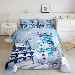 Castle Fairy Cute Snowman Comforter Set Queen Size,Merry Christmas Bedding Set 3Pcs for Kids Girls Boys Teens Bedroom Decor,Blue White Snow Sky Quilt Set Watercolor Winter Duvet Insert,2 Pillowcases