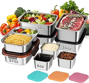 YUANYE 9 Pack 50/34/27/6oz Stainless Steel Salad Bowls with Lids & Dressing Cups, Leakproof Salad Containers Airtight Lunch Box, Small Snack Containers Oven/Dishwsher Safe for Meal Prep & Lunch To Go