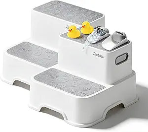 2-Pack Step Stool for Kids  Non-Slip Toddler Step Stool for Bathroom Sink & Potty Training  Heavy Duty 200 lbs, Includes Faucet Extender & Duck Bath Toys (Gray White)