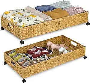 Under Bed Storage Containers with Wheels, 31.5 Large Handwoven Rattan Rolling UnderBed Storage Bins, Tool-free Assembly Natural Under The Bed Organizer Drawers for Bedroom, Sheets Clothes Blankets