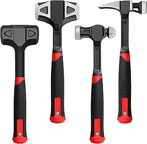 YIYITOOLS 4-Piece Hammer Set - 2LB Dead Blow, 24oz Ball Peen, 20oz Claw, 3LB Sledgehammer - One-Piece Carbon Steel Forging, Ergonomic Anti-Slip Rubber Grips for Garages, Repair Shops, and DIY