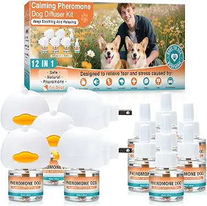 Dog Calming Pheromones Diffuser to Calm Pet 12 in 1 Advanced Kit Appeasing Pheromone for Anxiety Relief (5 Plug in+7 Pack 48ml Refill) Reduce Aggression Fighting Barking Stress (Tasteless)