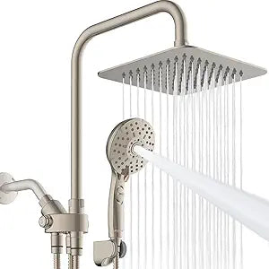 Ryamen Dual Shower Head Combo, 8'' High Pressure Rain Shower Head with Handheld Spray, 6+1 Spray Settings Handheld Showerhead, Height Adjustable, One-touch Pause Button, Brushed Nickel