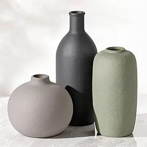 Ceramic Modern Vase Set of 3, Neutral Small Pottery Vases for Home Decor, Rustic Farmhouse Decor for Pampas Grass Dried Fresh Flowers, Decorative Vases for Living Room, Bathroom, Bookshelf, Entryway