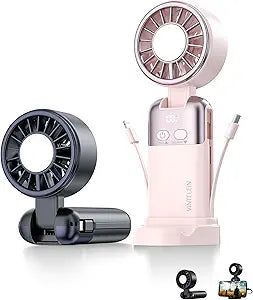 Portable Handheld Personal Fan with USB-C & iOS Cables 5V/2.4A Fast Charging for Cellphone/Tablet, 20H Cooling Time, Foldable Design with Phone Stand for Camping Travel Outdoor (2, Black+Pink)