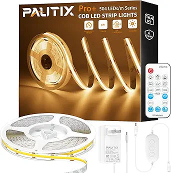 PAUTIX COB LED Strip Light 2700K,16.4ft Dimmable 2520LEDs DC24V Warm White LED Strip Lights,High Lumen Tape Lights Kit with RF Remote Timer Function and 48W Power Supply for Home, Kitchen DIY Lighting