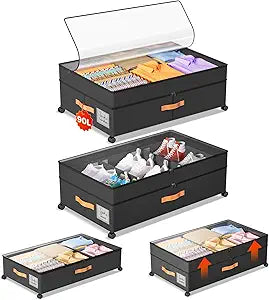 Under Bed Storage with Wheels, Large Capacity UnderBed Containers with Clear Lids, Shoe Organizer Under Bed Drawers, Rolling Under the Bed Storage for Clothes, Shoes, Blankets