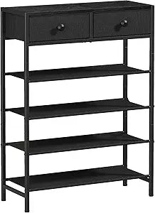Shoe Rack, 5 Tier Shoe Organizer with 2 Drawers, Metal Shoe Storage for 16-20 Pairs of Shoes with Fabric Shelves and Wooden Top, Narrow Shoe Shelf for Closet Entryway Black