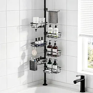 Shower Caddy Organizer Tension Pole, Rustproof 6-Pack Corner Shelf with 30-120 Inch Adjustable Shower Rack for Inside Shower, Extra Towel Bar & Soap Dish for Bathroom Organizers and Storage, Black