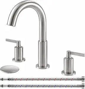 Brushed Nickel 3 Hole Bathroom Faucet, KINGO HOME Widespread Modern 8 inch 2 Handle Bathroom Sink Faucet, Faucet for Bathroom Sink Vanity with Pop Up Drain and Supply Lines