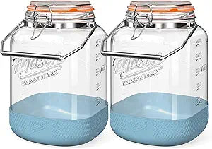 2 Pack Square 1 Gallon Glass Jar with Airtight Lid, Large Mason Jars Wide Mouth 128 Oz with Scale Marks & Handle, Glass Storage Containers with Anti-slip Base for Flour, Oat, Wheat, Cookie Jar