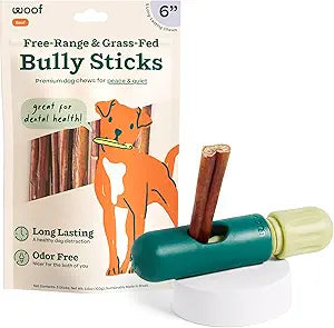 WOOF BullySafe and Bully Sticks - Nutritious Chew Sticks for Dogs and Bully Stick Holder for Safe, Long-Lasting Play - No More Swallowed Ends - 6" Sticks - 5 Pack