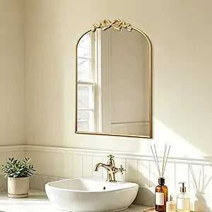 Besdomus Bow Arched Gold Mirror: 22"x30" Gold Antique Vanity Wall Mounted Mirror - Vintage Baroque Traditional Ornate for Bedroom/Bathroom/Makeup Vanity - Wall Decor for Teen Girl