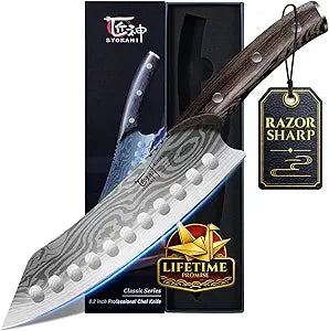 SYOKAMI Japanese Kitchen Knife, 8.2 Inch Chef Knife, Carbon Steel Kiritsuke, Razor Sharp Santoku for Precision Cutting, Damascus Pattern, Full Tang Wood Handle,Thanksgiving Christmas Cooking Gifts