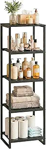 5-Tier Bathroom Shelving Unit, 47" H Narrow Open Floor Shelves, Metal Corner Slim Storage Rack for Bathroom Laundry Room Kitchen Living Room, Black
