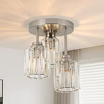 Brushed Nickel Semi Flush Mount Ceiling Light, 3-Light Modern Crystal Chandelier with Clear K9 Crystal Shades, Kitchen Light for Hallway Kitchen Bathroom Entryway