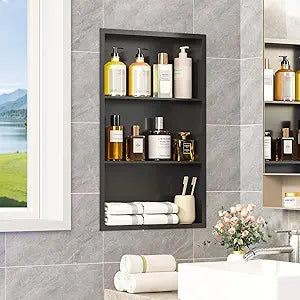 14x24 Recessed Medicine Cabinet, Bathroom Wall Cabinet, 304 Stainless Steel Recessed Wall Niche with 3-Tiers Shelves, Matte Black