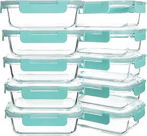 10 Pack 22 oz Glass Meal Prep Containers, Food Storage Containers with Lids, Airtight Leakproof Lunch Containers for Kitchen, Freezer, Microwave, Dishwasher Safe (Mint Green)