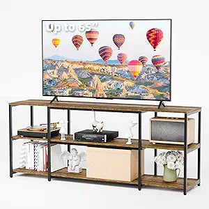 Aquzee TV Stand for 65 Inch TV, 58.3 Wide Entertainment Center with Open Storage, Wood & Metal Console Table and Media Furniture for Living Room Bedroom, Rustic Brown