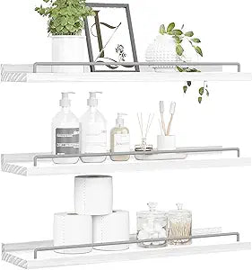 RYOFOBETTO 22 inches Long Floating Shelves, Bathroom Decor Shelves Over Toilet, Farmhouse Wall Shelves for Living Room, Bedroom, Picture Frames, Plants, Kitchen, Set of 3 (White and Grey)