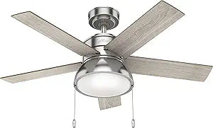 Hunter 44 inch Indoor Ceiling Fan with LED Light - Ceiling Fan with Pull Chain, For Bedroom, Living Room, or Kitchen, Standard Mount, No Remote, 5 Blades - Lilliput 51137, Brushed Nickel