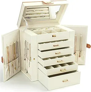 KAMIER Jewelry Box for Women, 6-Layer Large Jewelry Holder Organizer Box with Mirror & 5 Drawers for Rings, Earrings, Necklaces, Bracelets,White