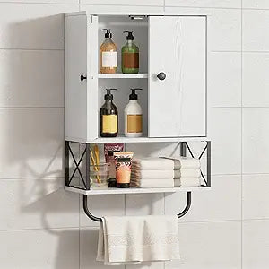 MAHANCRIS Bathroom Wall Cabinet with 2 Door and Adjustable Shelf, Farmhouse Medicine Cabinet with Towel Rack, 3-Tier Wall Mounted Storage Cabinet Over The Toilet for Bathroom Laundry Room, White