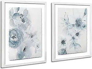 ArtbyHannah Framed Bathroom Wall Art Decor, 12x16 Inch 3D Light Blue Watercolor Florals with Torn Edge Floating Effect, Moisture Proof Prints Pictures Artwork for Bathroom, Bedroom Decor (2 Pack)