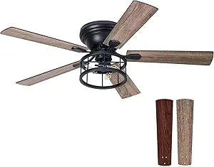 52 Inch Flush Mount Farmhouse Rustic Ceiling Fan with Light and Remote, Reversible AC Motor, 5 Dual Finish Blades, Industrial Low Profile Black Ceiling Fan light for Bedroom Living room Home