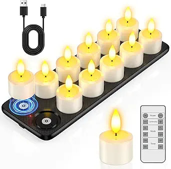 PChero Flameless Candles with Remote Timer & Magnetic Charging Base, 12 Pack Waterproof Rechargeable LED Tea Lights Fake Floating Candles for Pool Outdoor Lantern Wedding Centerpieces Christmas Decor