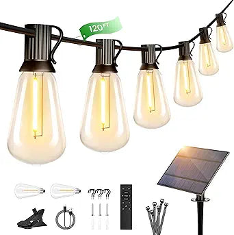 OHLUX 120FT Solar String Lights Outdoor with Remote, 2200K Soft Warm Patio Lights with 52 Shatterproof Tear-Drop LED Filament ST38 Bulbs, Dimmable Outside Edison Hanging Light for Backyard Deck Roof