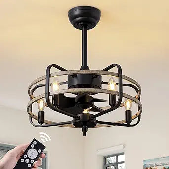 NOXARTE 20 Inch Caged Ceiling Fan with Light and Remote, Flush Mount Vintage Farmhouse Fandelier 6 Speeds Reverse Motor Rustic Bladeless Ceiling Fan for Bedroom Living Room Dining Room