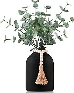 6 Pcs Artificial Eucalyptus Stems in Large Black Vase ,18" Artificial Greenery Stems Centerpieces Fake Eucalyptus Stems 9 in Tall Vase Home Decor Coffee Table Kitchen Table Centerpieces Decor (Black)