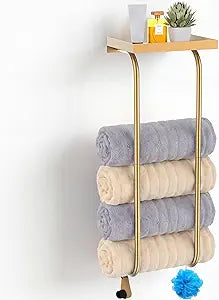 31" Towel Racks for Bathroom, Heavy-Duty Stainless Steel Holds 6 Large Rolled Towels,Wall Mounted Towel Holder with Shelf & Hooks,Extra-Wide Opening Wall Storage for Small Bathroom, Brushed Gold