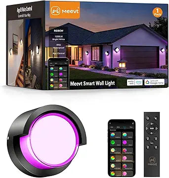 Meevt Smart Outdoor Wall Lights, 1200LM RGBCW Porch Lights, IP65 Waterproof Exterior Wall Sconce, Work with Alexa & Google Assistant, App & Remote Control Wall Lights for Patio, Garage, Round, 1 Pack