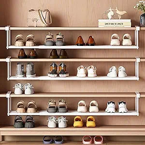 Under-Shelf Expandable Shoe Rack Organizer, White Metal, 40-70cm Width Adjustable, Cabinet Storage for ClosetRetractable Shoe Rack OrganizerExpandable4 Pcs
