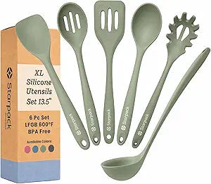 Starpack Like a Boss XL Silicone Cooking Utensils Set (6-Piece, 13.5") - LFGB Certified, 600F Heat Resistant, BPA-Free - Heavy-Duty Steel Core, Dishwasher Safe - for Nonstick Cookware, Sage Green