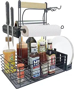 Grill Caddy,BBQ Condiment Organizer for Outdoor, Camping Tailgating Picnic Kitchen Storage Caddy Kitchen Organizer for Camper Magnetic Tool Holder with Paper Towel Holder with Handle Portable