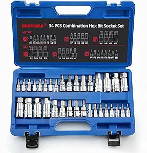 Master Hex Bit Socket Set S2 Steel Allen Sockets Bit SAE and Metric Torx Bit CRV Socket Tool Allen Wrench Bit Kit 1/2" 3/8" 1/4" Drive Automotive Bike Motorcycle and ATV 34 Pieces