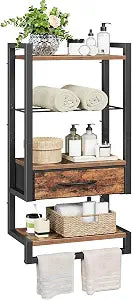 HOOBRO Wall Mounted Towel Rack with Shelf and Drawer, Bathroom Wall Storage Shelf with Towel Bar, Space Saving Over Toilet Organizer for Bathroom, Rustic Brown BF11LB01