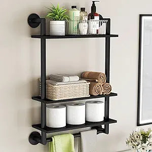 STWWO Bathroom Shelves Wall Mounted, 3 Tier Black Bathroom Shelf with Towel Bar, 26in Stainless Steel Floating Pipe Towel Racks Over Toilet, Bathroom Wall Shelves Laundry Room Kitchen Storage
