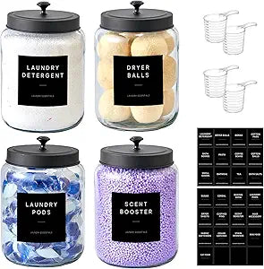 Glass Jars Laundry Containers with Lid, 0.5 Gallon Laundry Organization and Storage Jars, Laundry Detergent Container Laundry Powder Pods Holder, Glass Jar Wide Mouth with Scoops, Labels, 4 Pack