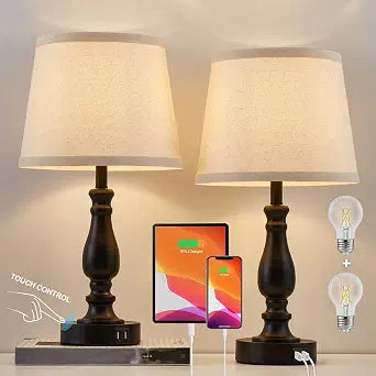 EJIAXIN Lamps for Bedroom Set of 2,Touch Bedside Table Lamp with USB C+A Ports,Dimmable Nightstand Lamps with Round Fabric Linen Lampshade for Living Room Reading Bed Side End Table,Bulbs Included
