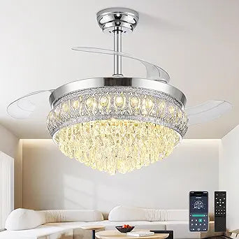 48" Fandelier Ceiling Fan with Light, Crystal Retractable Ceiling Fan with Lights and Remote, Chandelier Fans for Bedroom Living Room, Reversible DC Motor, Dimmable, 6 Speeds - Chrome