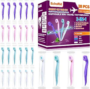 Mini Disposable Toothbrush, Pre-Pasted Toothbrushes with Toothpaste and Toothpick for Travel - Fluoride Free, No Rinsing Needed, Mint Flavor, Fresh Breath Anywhere Anytime - 28 Ct