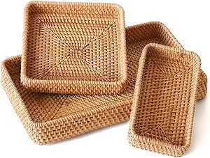 Rattan Serving Tray, Rectangle Basket Set of 3, Wicker Storage and Organizing Baskets, Natural Decorative Woven Tray for Home Decor, Bathroom, Kitchen Counter