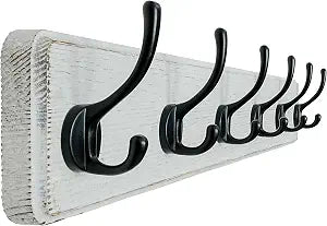 Dseap Coat Rack Wall: 24" Long, Patented, Heavy-Duty, 6-Double-Hooks Wooden Wall Mounted Coat Rack Coat Hanger Hook Rail for Winter Coats Hat Jacket Clothing, White & Black