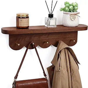 Lewtemi Coat Rack Wall Mount with Shelf 16.5" Scalloped Walnut Wood Coat Rack with 5 Hooks Entryway Floating Shelf for Hats Clothes Towels Bags Living Room Bathroom Bedroom Kitchen